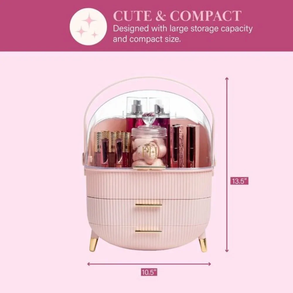 New Pink Makeup Storage Organizer, Standard Size Cosmetic Box with Dustproof Lid